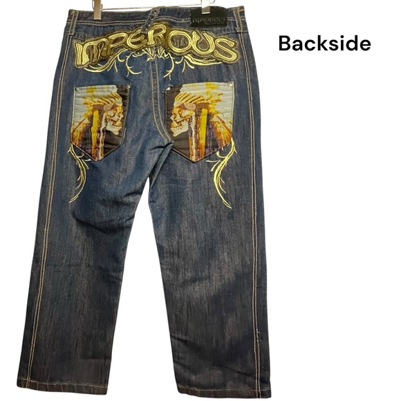 Vtg Y2K Delf Trading Imperious Mens Embroidered Blue Denim Skulls  W38 L32 - Picture 11 of 16